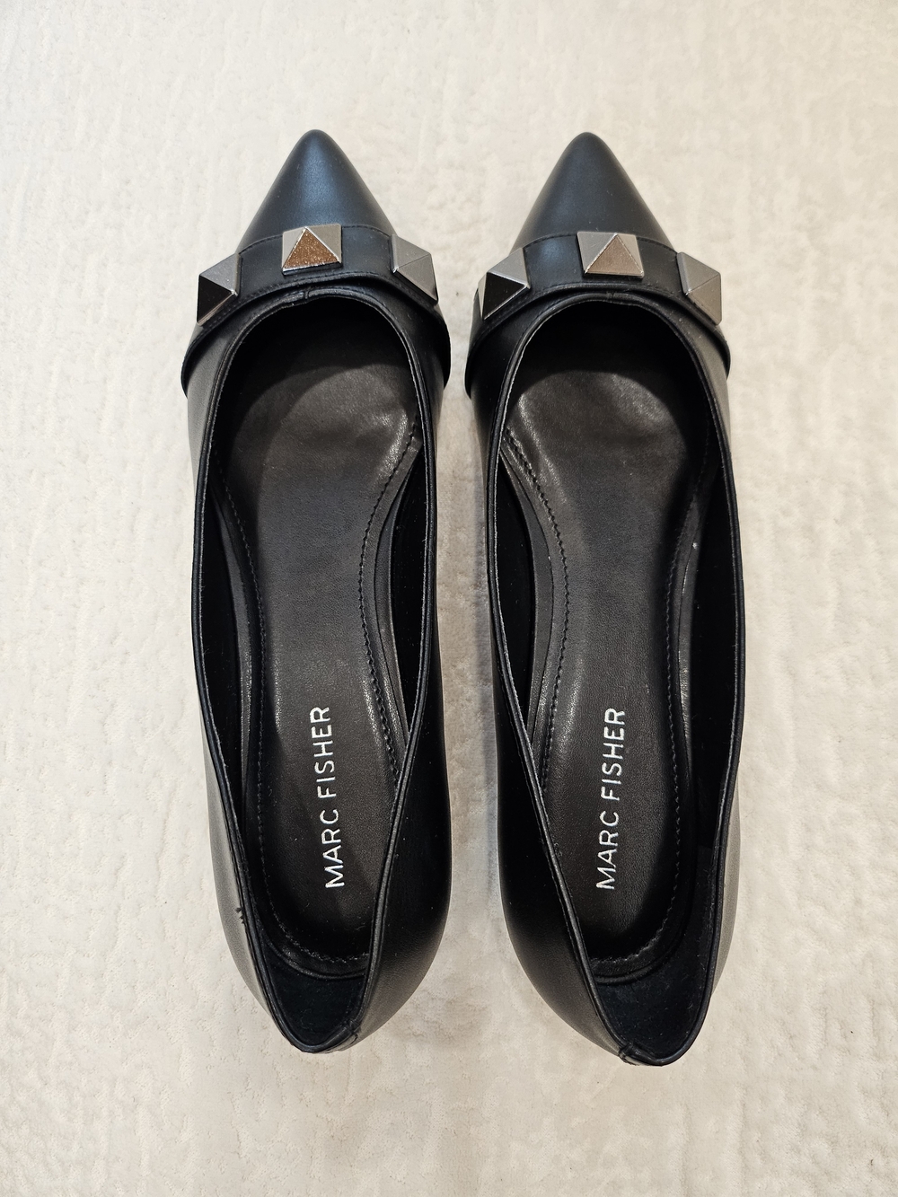 Marc Fisher Black Pointed Leather Flats with Stud Detail - Picture 7 of 9